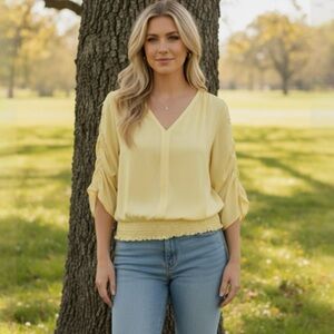 Philosophy Yellow Ruched Sleeve Top Size XSMALL